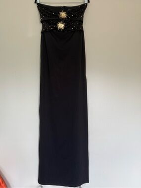 Wearhause Cardiff Body-Fitting Gold Sun Accessory Black Maxi Dress Slit Sz 36/S